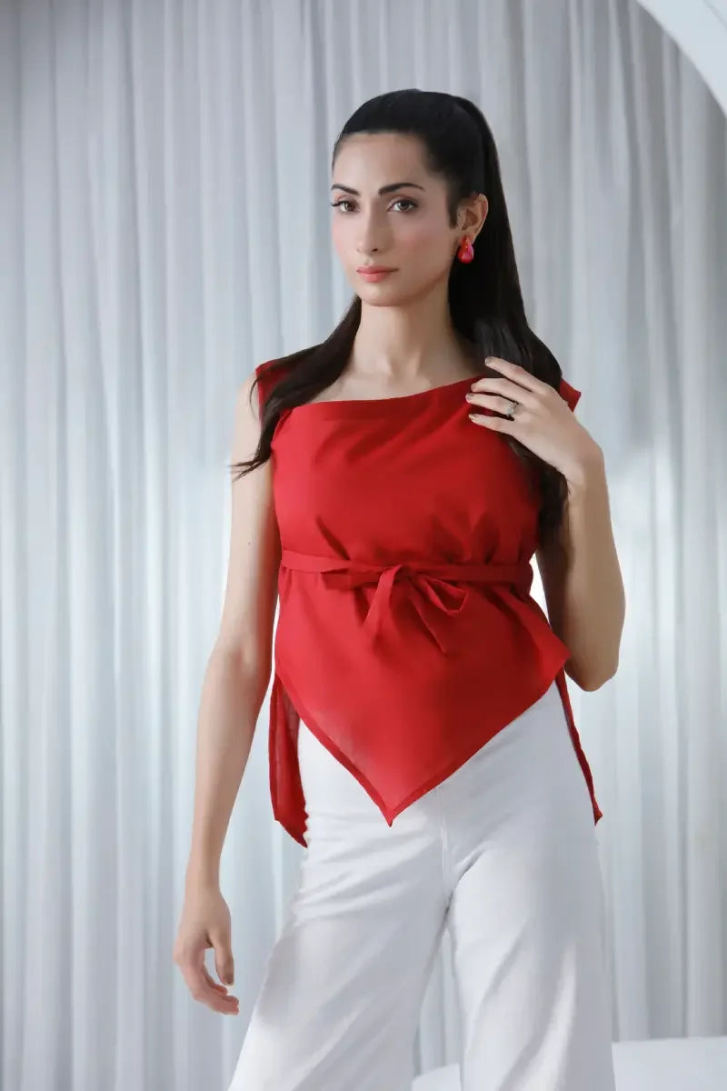 The Scarlet Asymmetric Belted Top