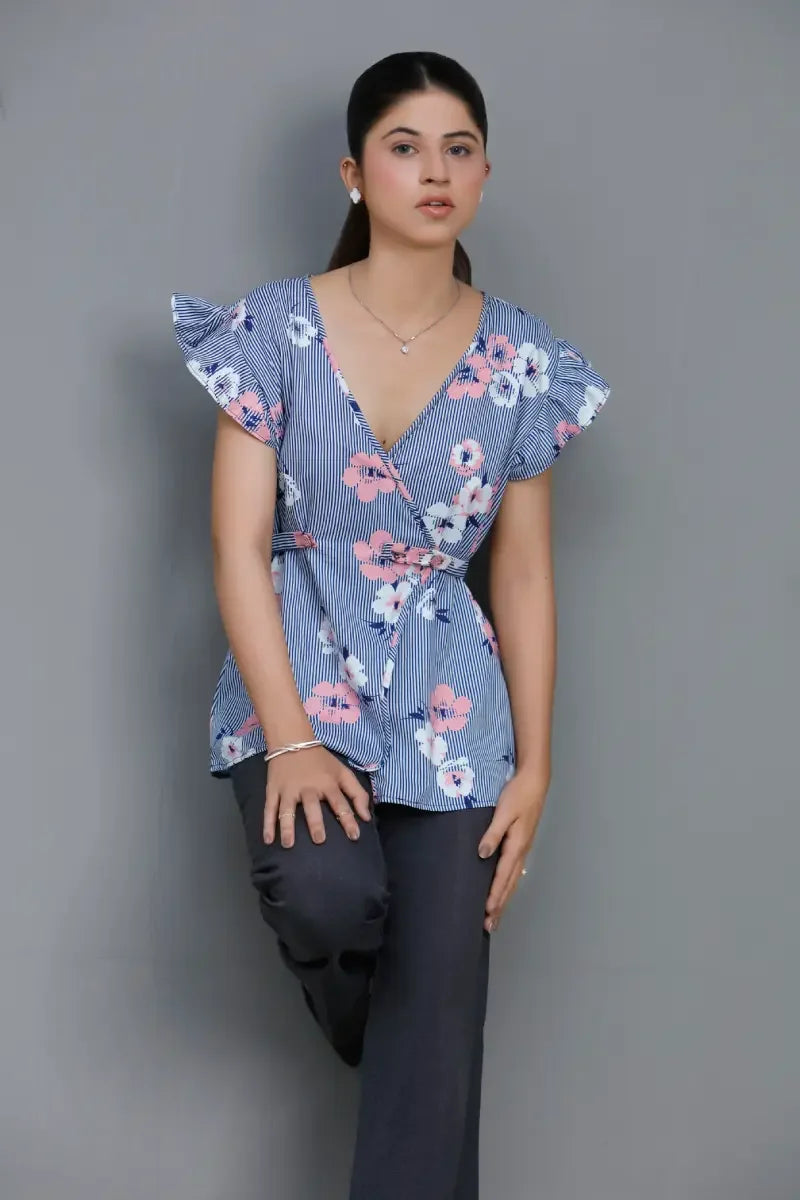 The Floral Stripe Wrap Top