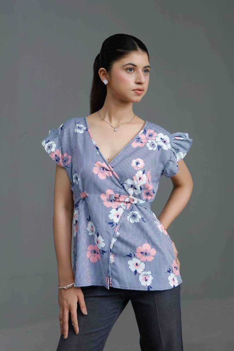 The Floral Stripe Wrap Top
