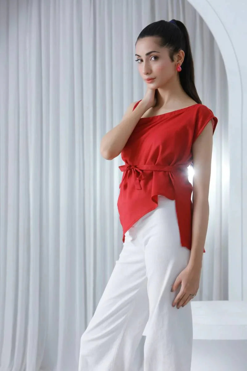 The Scarlet Asymmetric Belted Top